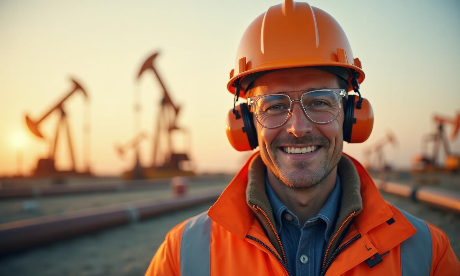 Oil and gas worker in safety gear at industrial site with oil pumps in background